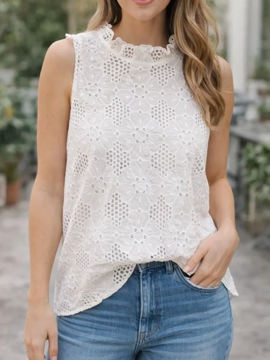 J.CREW White Floral Lace Ruffle High Neck Sleeveless Blouse Women’s XS - Picture 2 of 15